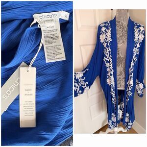 NWT Chico’s Open Front Rayon Kimono Duster Size L/XL Blue White Embroidery